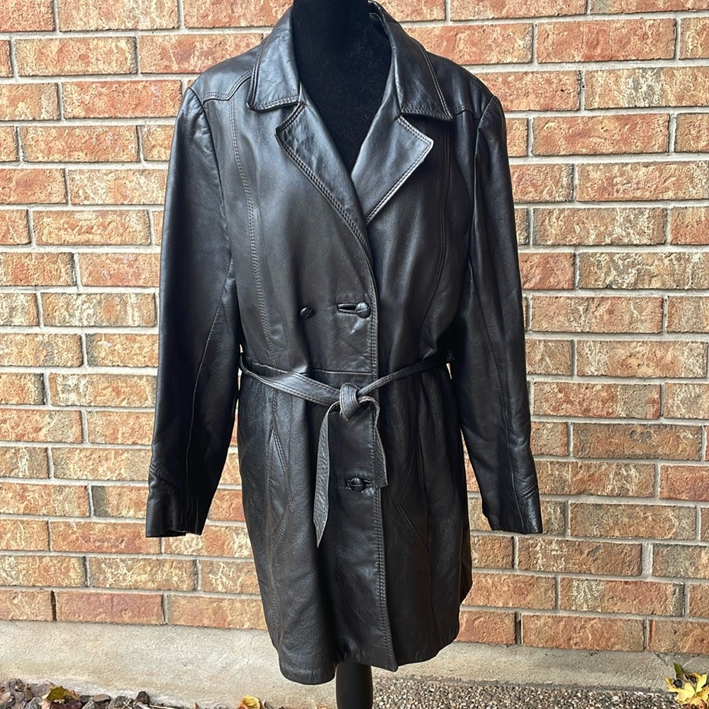 Leather mid-length jacket with tie in large. Vintage Sears The Fashion Place